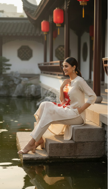 Beige Linen Botanical Print Kurta Set